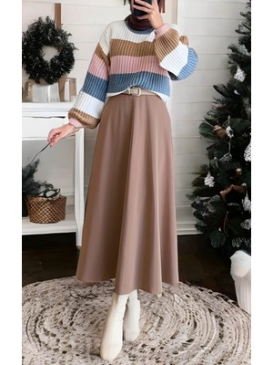 Cng Moda Tesettür Puf Scuba Kloş Etek Vizon Renk Pamuk Polyester Malzemeden Düz Desenli Şık ve Rahat