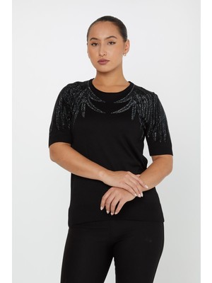 Kazee Kadın Kısa Kollu Taş Detaylı Amerikan Model Triko Kazak 31237 Siyah