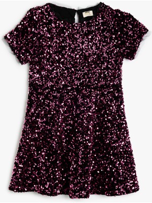 Koton Pullu Payetli Yuvarlak Yaka Kısa Kollu Elbise