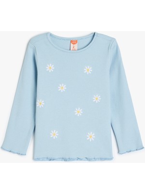 Koton Pamuklu Çiçek Desenli Bisiklet Yaka Uzun Kollu Tişört