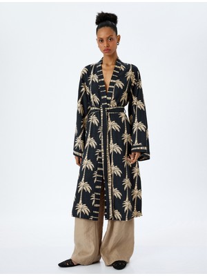 Koton Viskon Pamuk Karışımlı Palmiye Desenli Kemerli Uzun Kimono