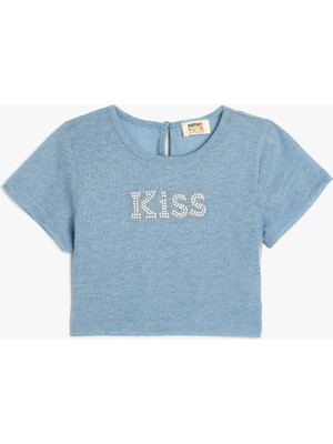 Koton Crop Bluz Kısa Kollu Yuvarlak Yaka Slogan Baskılı Pullu Payetli