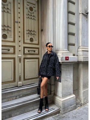 Trend Gri Leopar Desenli Ceket