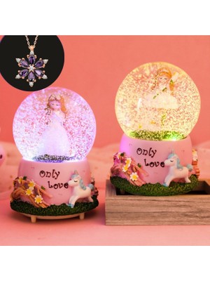Peri Kız  Işıklı Müzikli Kar Püskürten Büyük Boy Kar Küresi ve Lotus Kolye