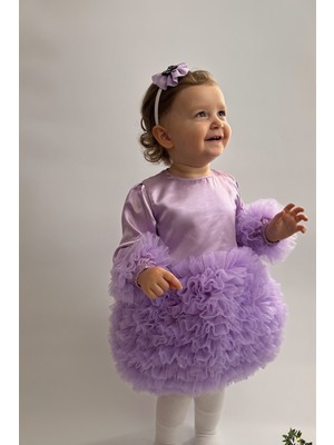 Alyra Kids Kız Çocuk Elbise Kız Bebek Uzun Kollu Tüllü Tütü Özel Gün Parti Doğum Günü Düğün Prenses Saten Abiye Elbise Mor ALY0450