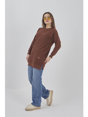 Fresh Moda Kadın Bisiklet Yaka Spor Model Yırtmaçlı Mevsimlik Uzun Tunik