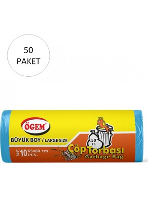 Ögem Büyük Boy Çöp Torbası 65 x 80 cm 10 Lu Rulo x 50 Paket = 500 Adet (Mavi)