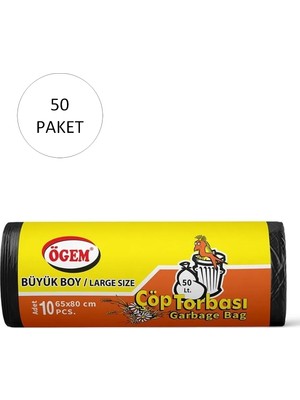Ögem Büyük Boy Çöp Torbası 65 x 80 cm 10 Lu Rulo x 50 Paket = 500 Adet (Siyah)