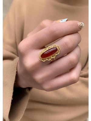 Bayar Gold 14 Ayar Altın Akik Taşlı Uzun Mekik Yüzük