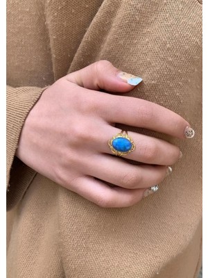 Bayar Gold 14 Ayar Altın Koyu Firuze Telkari Yüzük