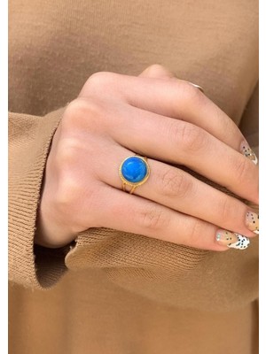 Bayar Gold Kadın Sarı Koyu Firuze Meftüllü Yüzük 14 Ayar Altın