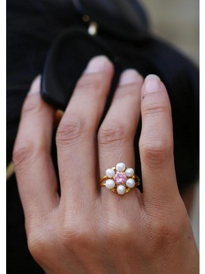 Bayar Gold 14 Ayar Altın Papatya Incili Pembe Yüzük