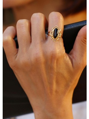 Bayar Gold 14 Ayar Altın Telkari Uzun Oniks Yüzük