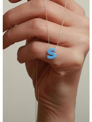 Bayar Gold 14 Ayar Altın Buz Mavisi Opal Taşlı S Harf Zincir Kolye