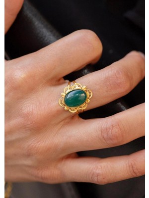 Bayar Gold 14 Ayar Altın Telkari Akik Yeşil Yüzük