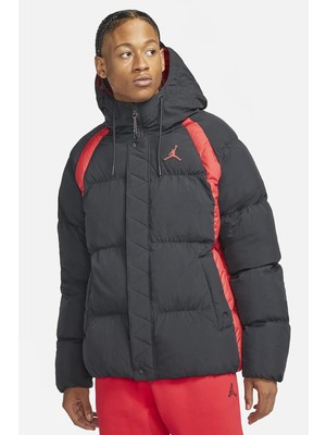 Nike Jordan Essentials Puffer Full Zip Hoodie Jacket Erkek Kapüşonlu Şişme Mont Siyah Kırmızı