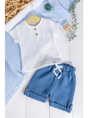 %100 Pamuklu Müslin  Düğmeli Alt Üst Şortlu  Yazlık Erkek  Bebek Takımı