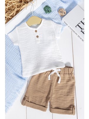 Babymod  Pamuklu Müslin  Düğmeli Alt Üst Şortlu  Yazlık Erkek  Bebek Takımı