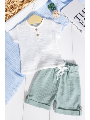 Babymod  Pamuklu Müslin  Düğmeli Alt Üst Şortlu  Yazlık Erkek  Bebek Takımı