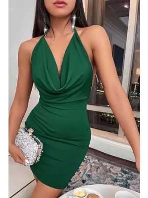 Hotflirt Enmadam Sırt Dekolteli Mini Elbise - Yeşil - L-Xl
