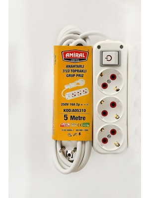 Skygo 3 lü Topraklı Anahtarlı 5 Metre Kablolu Grup Priz