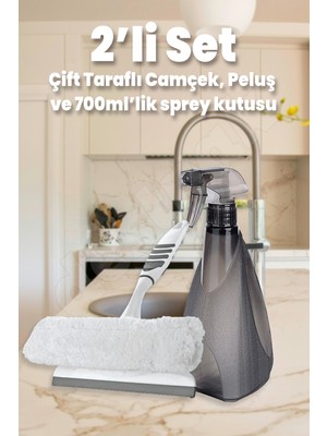 Destpak 2'li Camçek Seti - 700ML Sprey Kutusu - Çift Taraflı Peluşlu Camçekli Cam Temizleme