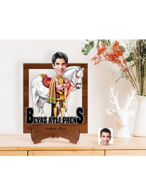 BK Kişiye Özel Beyaz Atlı Prens Karikatürlü Ahşap Standlı 3D Biblo-1