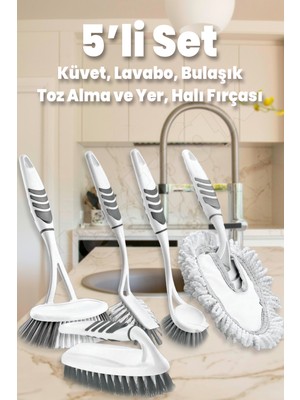 Destpak 5'li Fırça Seti - Banyo, Bulaşık, Lavabo, Toz Alma ve Halı, Yer Fırçası - Tek Set ile Tüm Işler