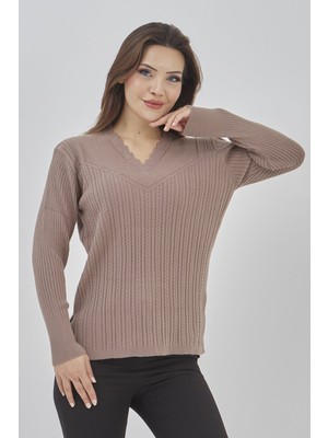 Fresh Moda Kadın Triko Esnek V Yaka Kışlık Anne Kazak