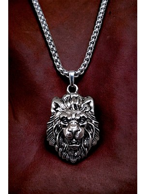 AK Store Gümüş Kaplama Krom-Çelik Erkek Kolye Madalyon Öfkeli Aslan Leon
