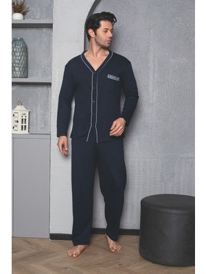 Meynur Moda Erkek Bambu Kumaş Düğmeli Biyeli Uzun Kollu Pijama Takımı