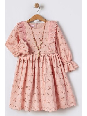 Fisto Yakalı Uzun Kollu Kız Çocuk Brode Elbisesi - Pudra