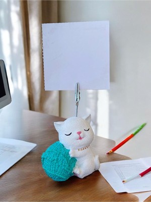 Perazayn Turkuaz Yumaklı Oturan Kawaii Kedi Temalı Not Tutacağı Fotoğraf Tutacak Tutucu Ofis Hediyelik