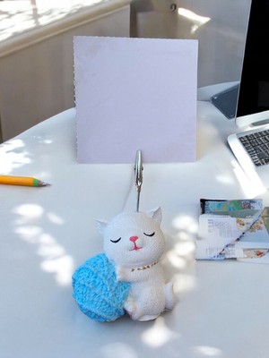Perazayn Mavi Yumak Tutan Oturan Kawaii Kedi Temalı Not Tutacağı Fotoğraf Tutacak Tutucu Ofis Seti Hediyelik