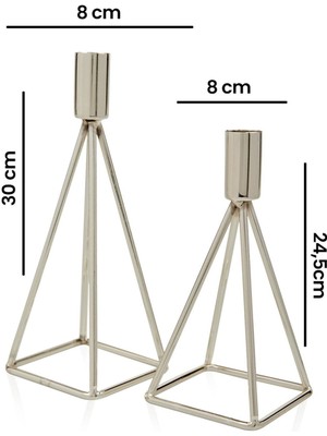 La Deco Pramid Şamdan - Gümüş - 30X8 cm + 24,5x8 cm