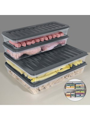 Meleni Home 4 Parça Buzdolabı Düzenleyici Organizer Set Mikrodalga Difriz Kabı - 2X2400ML 2X1170ML Antrasit