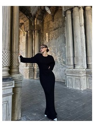Bisiklet Yaka Saç Örgülü Kadın Triko Midi Elbise