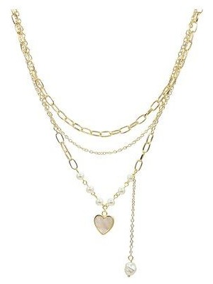 Klips Concept Çok Renkli Kalp Detay İnci Çoklu Zincir Kolye Pirinç Maden Kadınlar İçin Şık Tasarım