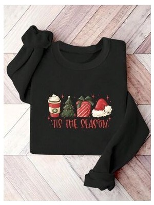 Christmas Ths The Season Baskılı Siyah Oversize Sweatshirt
