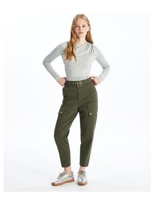 Beli Kemerli Dar Fit Kadın Kargo Pantolon