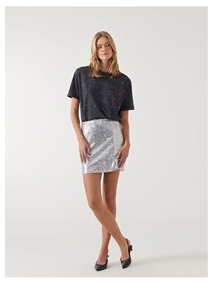 Lcwk Beli Fermuarlı Pul Payetli Kadın Etek