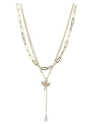 Taşlı Melek Detay Çoklu Zincir Kolye