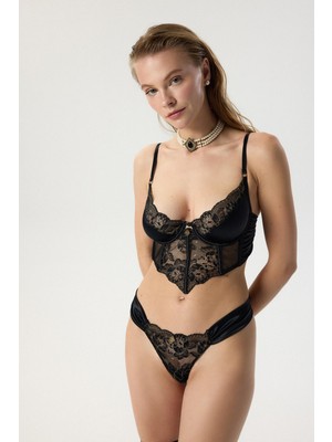 Feu De Elu Camile Siyah Saten Büzgülü Dantelli Tanga