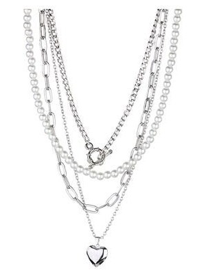 Kalp Detay Inci Çoklu Zincir Kolye Set