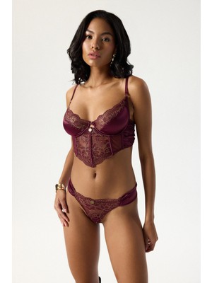 Feu De Elu Camile Bordo Saten Büzgülü Dantelli Tanga