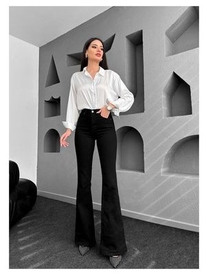 Milano Siyah Ispanyol Paça Jeans Yüksek Bel Power Likra Kot Pantolon(1 Beden Büyük Alınız)