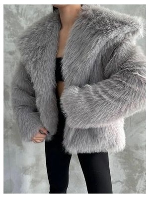 Premium Kürk Kadın Gri Içi Astarlı Uzun Kol Casual Stil Şal Yaka Modeli