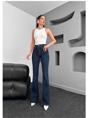 Milano Lacivert Ispanyol Paça Jeans Yüksek Bel Power Likra Kot Pantolon(1 Beden Büyük Alınız)