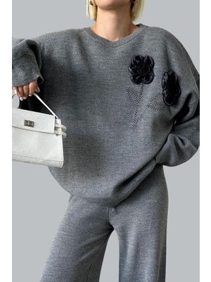 Kadın Gül Detaylı Kazak Pantolon Alt Üst Ikili Triko Takım