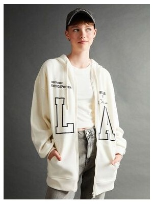 Xsıde Kapüşonlu Baskılı Oversize Kadın Kalın Fermuarlı Sweatshirt